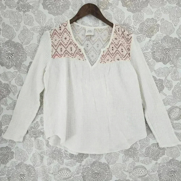 Knox Rose Cotton Gauze Aztec Crewneck Slit Women's Blouse Long sleeve Size 1 - Picture 1 of 7